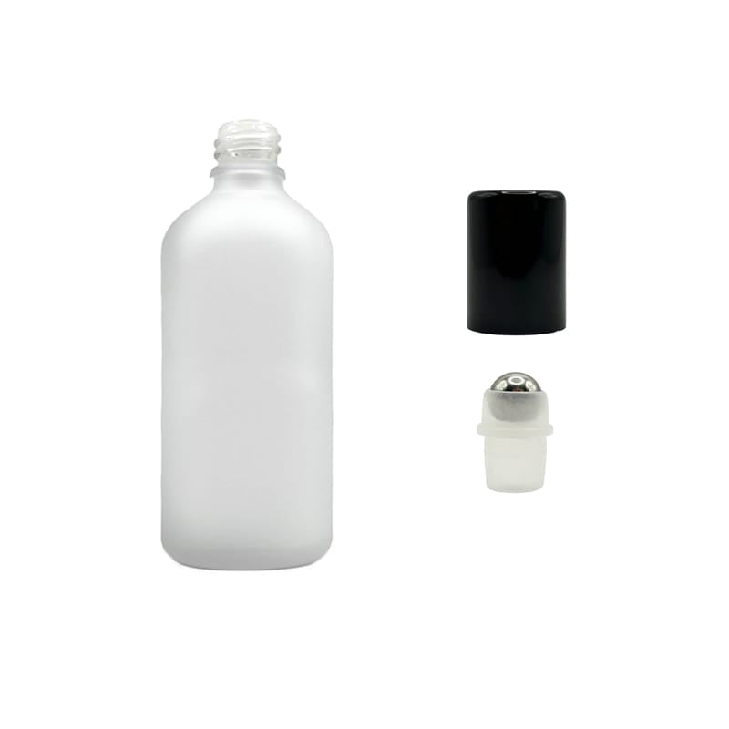100ml Frosted Clear Glass Dropper Bottle with Stainless Steel Roller Ball with Metal Gloss Black Cap