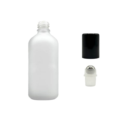 100ml Frosted Clear Glass Dropper Bottle with Stainless Steel Roller Ball with Metal Gloss Black Cap