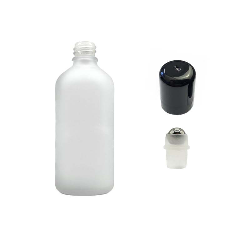 100ml Frosted Clear Glass Dropper Bottle with Stainless Steel Roller Ball with Plastic Black Cap