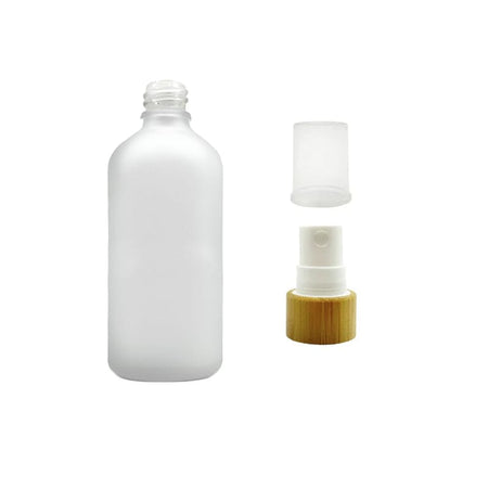 100ml Frosted Clear Glass Dropper Bottle with White Atomiser with Bamboo Collar and Clear Over Cap