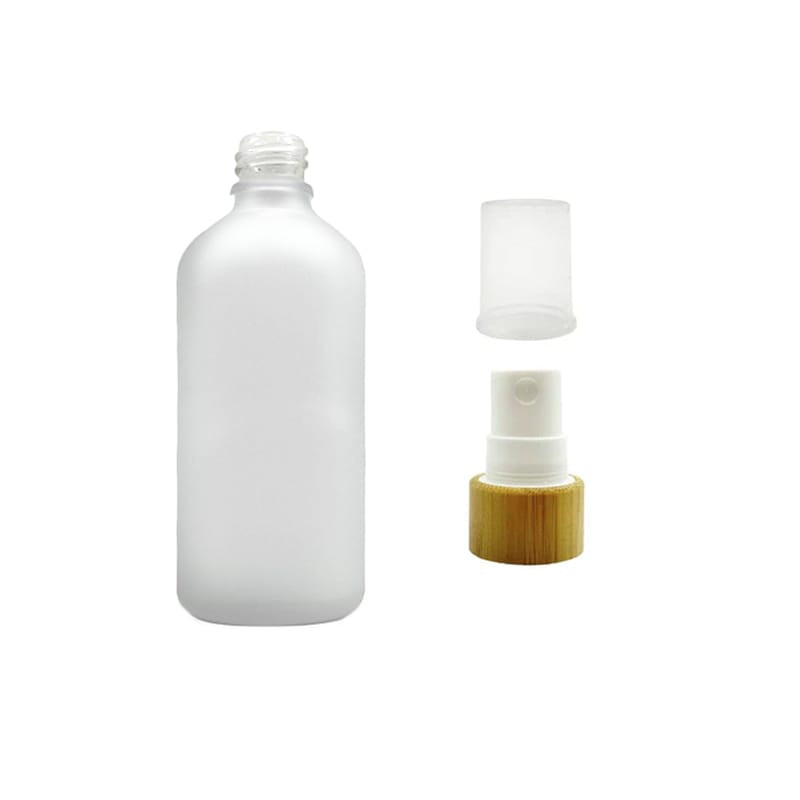 100ml Frosted Clear Glass Dropper Bottle with White Atomiser with Bamboo Collar and Clear Over Cap