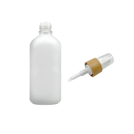100ml Frosted Clear Glass Dropper Bottle with White Lotion Pump with Bamboo Collar and Clear Over Cap