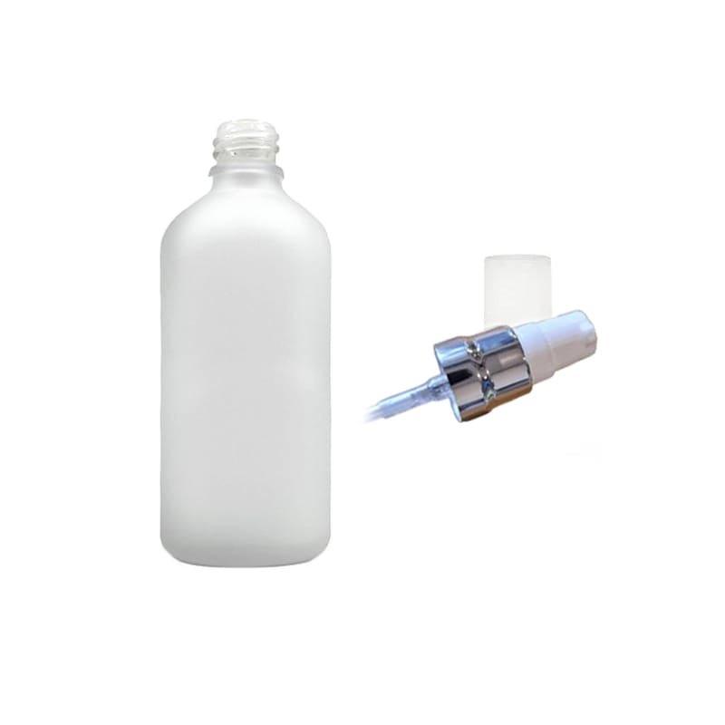 100ml Frosted Clear Glass Dropper Bottle with White Lotion Pump with Silver Collar and Clear Over Cap