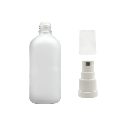 100ml Frosted Clear Glass Dropper Bottle with White Tamper Evident Atomiser and Clear Over Cap (Type III)