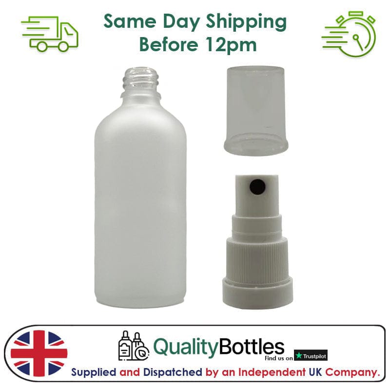 100ml Frosted Clear Glass Dropper Bottle with White TE Atomiser - Pack of 12