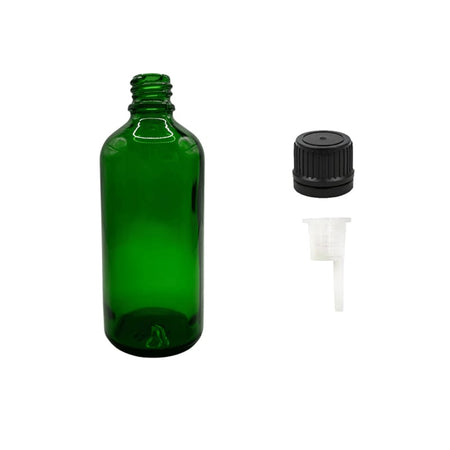 100ml Green Glass Dropper Bottle with 0.6mm Dripper Insert and Tamper Evident Black Cap (Type II)