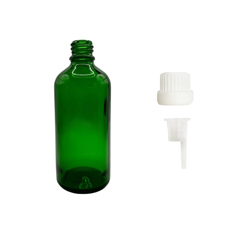 100ml Green Glass Dropper Bottle with 0.6mm Dripper Insert and Tamper Evident White Cap (Type III)