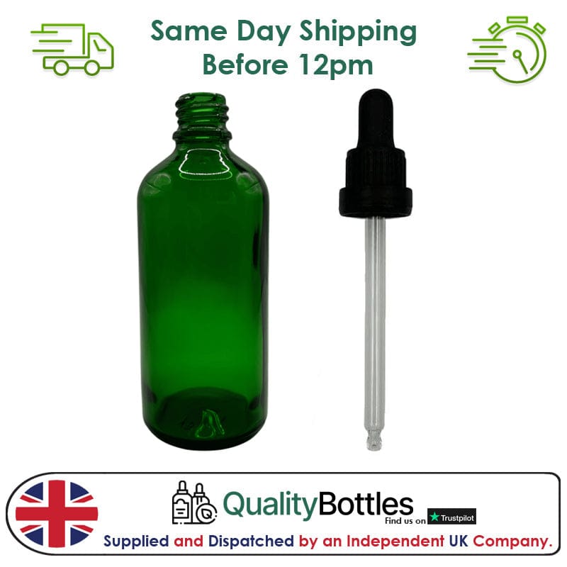 100ml Green Glass Dropper Bottle with 100ml Black TE BEP - Pack of 12