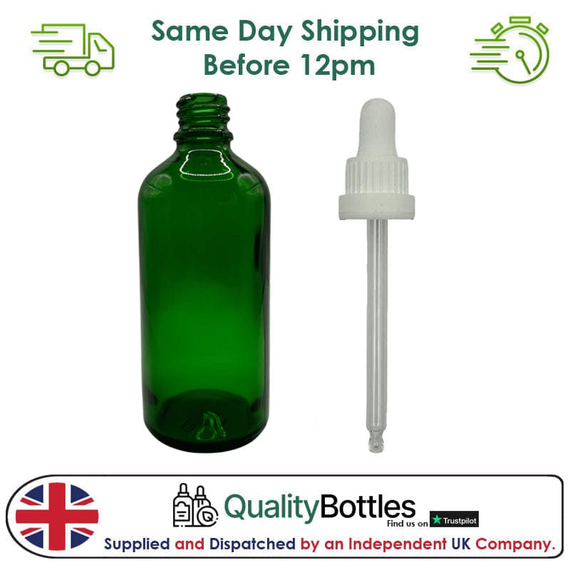 100ml Green Glass Dropper Bottle with 100ml White TE BEP - Pack of 12