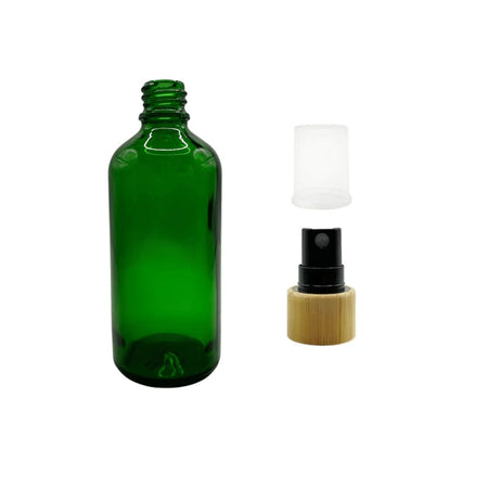 100ml Green Glass Dropper Bottle with Black Atomiser with Bamboo Collar and Clear Over Cap