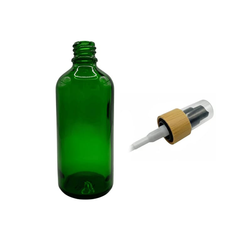 100ml Green Glass Dropper Bottle with Black Lotion Pump with Bamboo Collar and Clear Over Cap