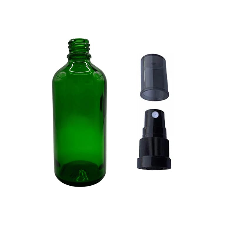100ml Green Glass Dropper Bottle with Black Tamper Evident Atomiser and Smoke Tinted Over Cap (Type III)