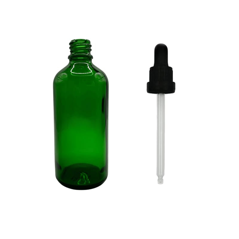 100ml Green Glass Dropper Bottle with Black Tamper Evident Dropper (Type III)