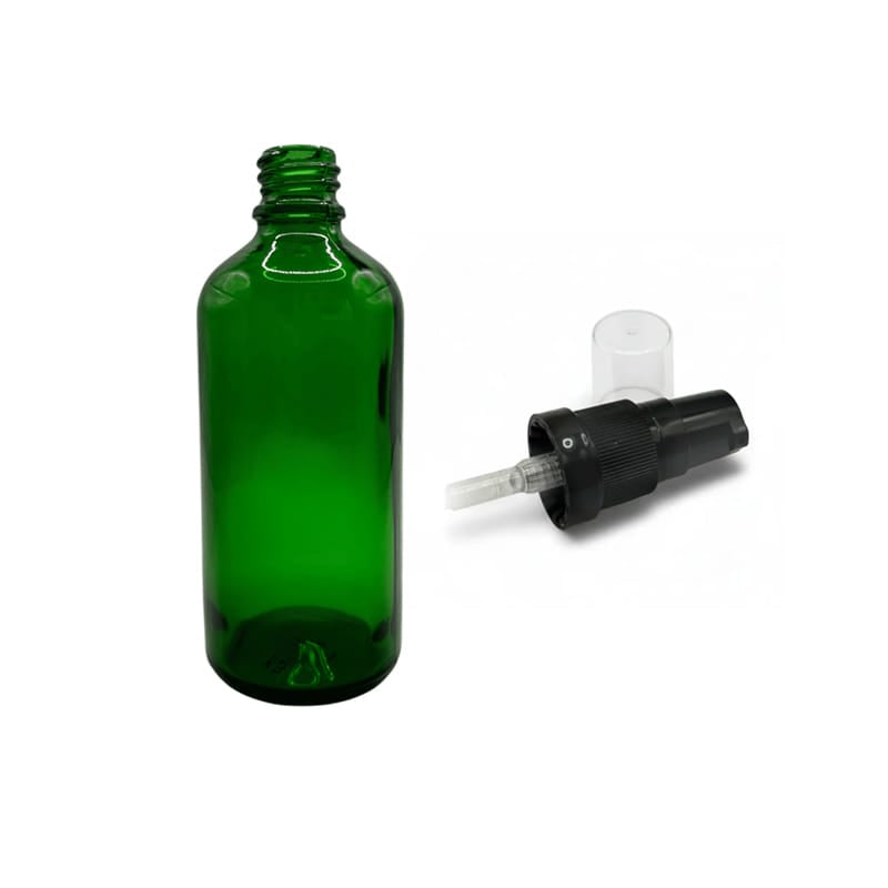 100ml Green Glass Dropper Bottle with Black Tamper Evident Lotion Pump and Clear Over Cap (Type III)