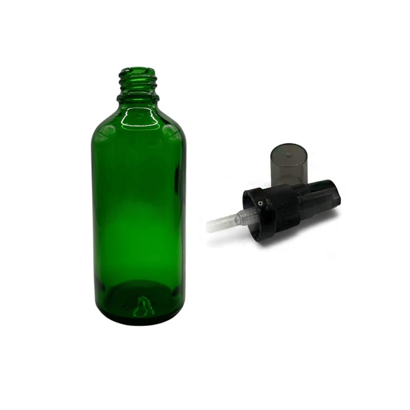100ml Green Glass Dropper Bottle with Black Tamper Evident Lotion Pump and Smoke Tinted Over Cap (Type III)
