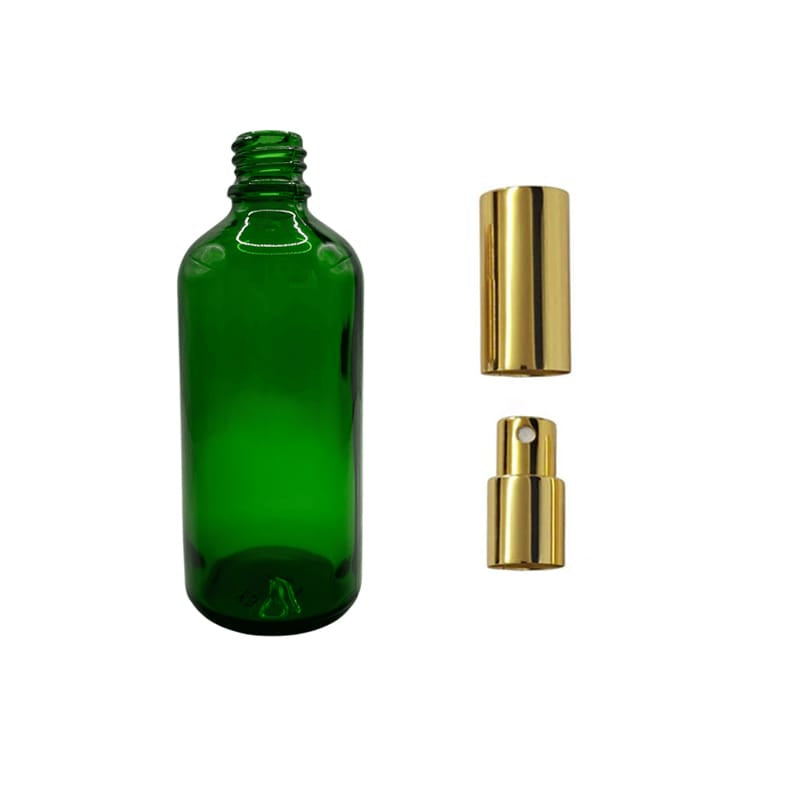 100ml Green Glass Dropper Bottle with Gold Atomiser with Gold Over Cap