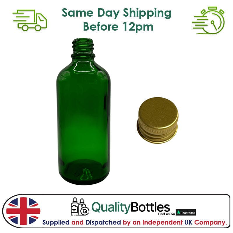 100ml Green Glass Dropper Bottle with Gold DIN18 Cap - Pack of 12