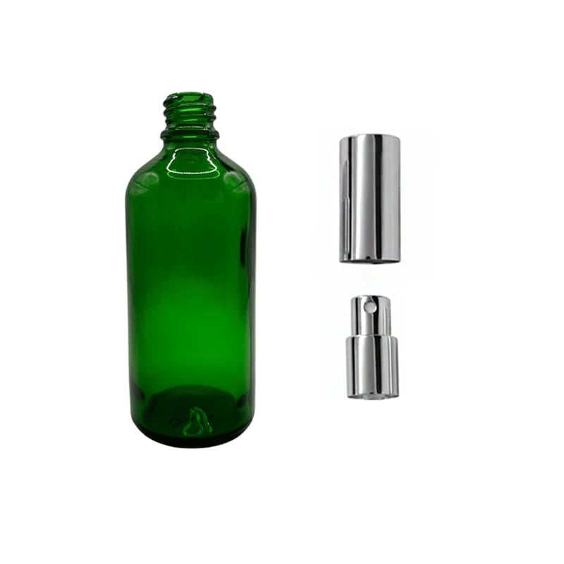 100ml Green Glass Dropper Bottle with Silver Atomiser with Silver Over Cap