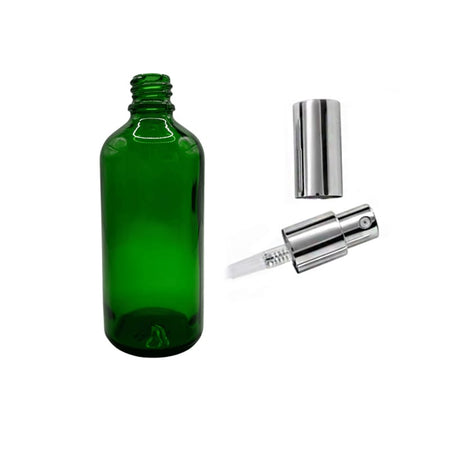 100ml Green Glass Dropper Bottle with Silver Lotion Pump with Silver Over Cap