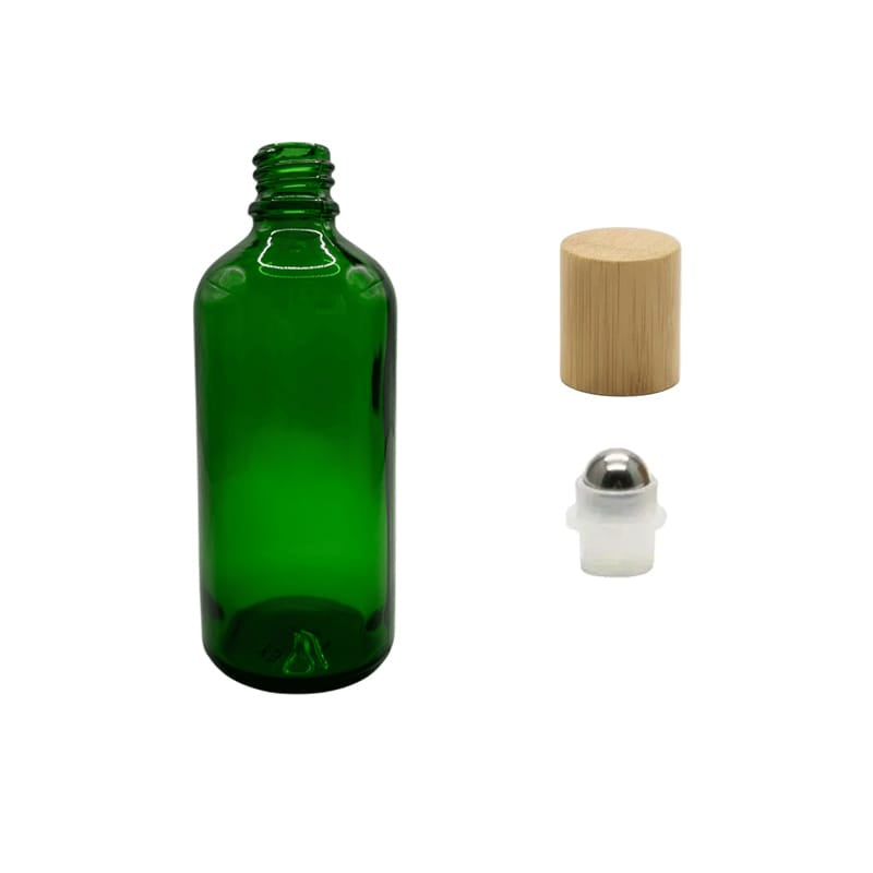100ml Green Glass Dropper Bottle with Stainless Steel Roller Ball Insert with Bamboo Cap