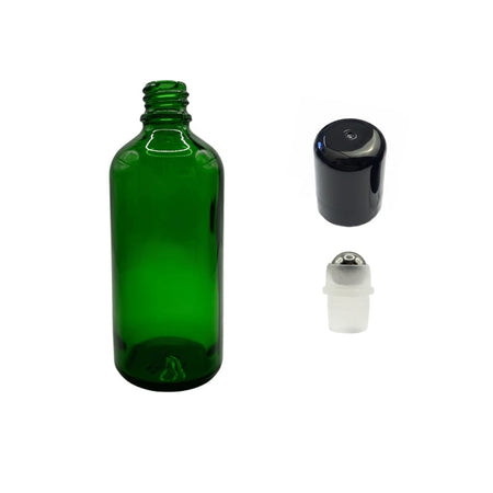 100ml Green Glass Dropper Bottle with Stainless Steel Roller Ball with Plastic Black Cap