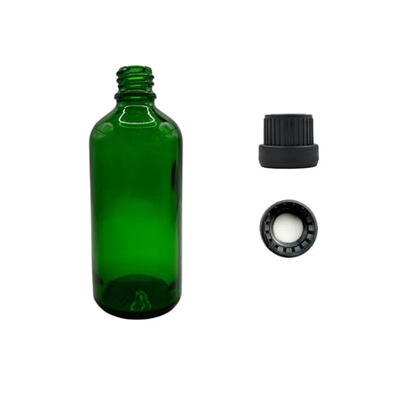 100ml Green Glass Dropper Bottle with Tamper Evident Ribbed Black Cap and EPE Liner (Type III)