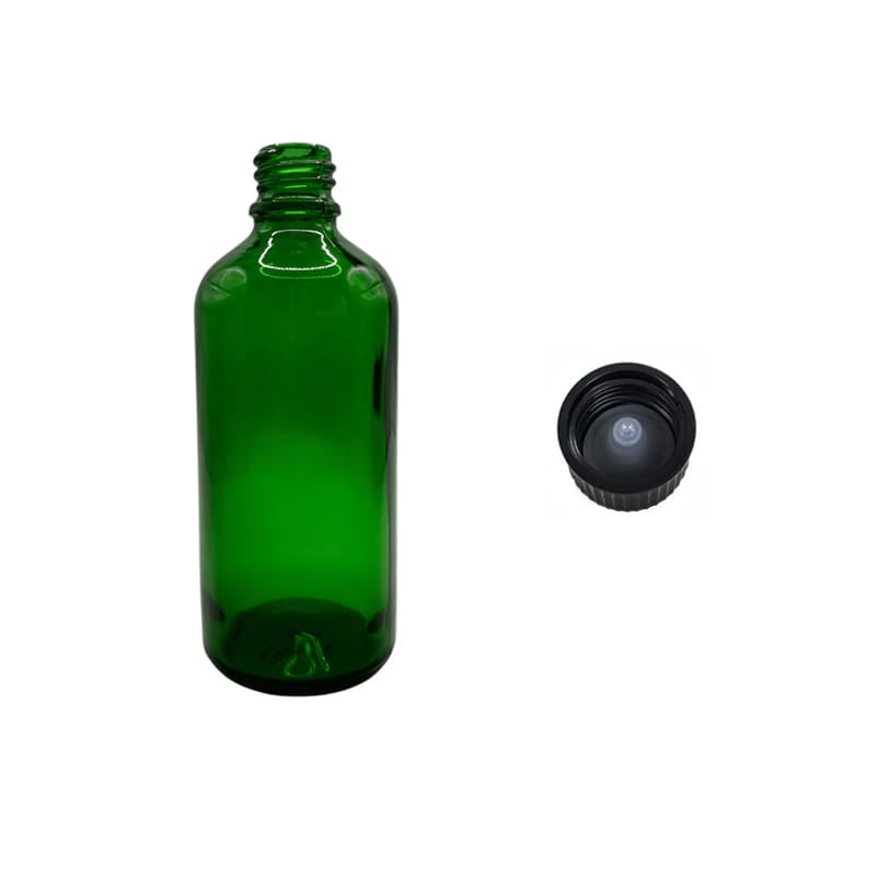 100ml Green Glass Dropper Bottle with Urea Black Cap with Polycone Insert DIN 18mm