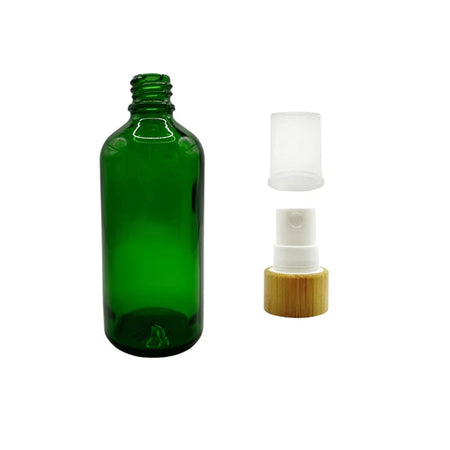 100ml Green Glass Dropper Bottle with White Atomiser with Bamboo Collar and Clear Over Cap