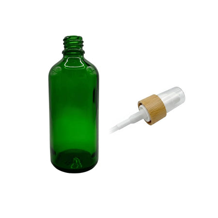 100ml Green Glass Dropper Bottle with White Lotion Pump with Bamboo Collar and Clear Over Cap