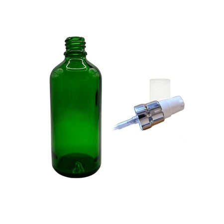 100ml Green Glass Dropper Bottle with White Lotion Pump with Silver Collar and Clear Over Cap