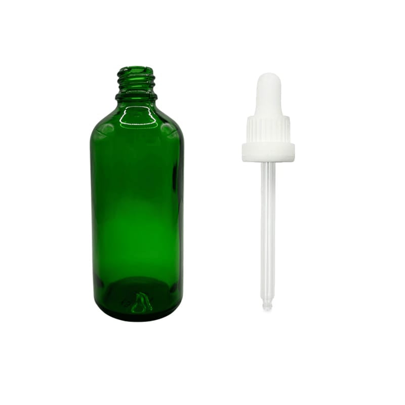 100ml Green Glass Dropper Bottle with White Tamper Evident Dropper (Type III)