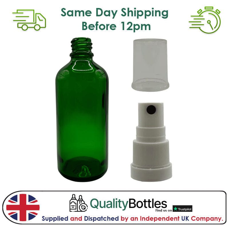 100ml Green Glass Dropper Bottle with White TE Atomiser - Pack of 12