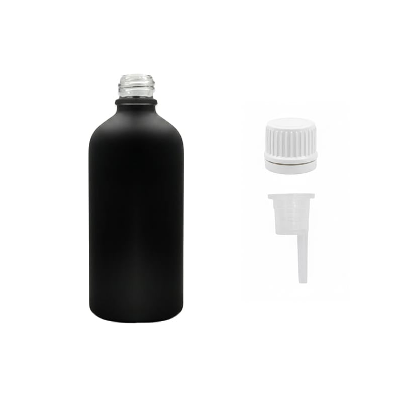 100ml Matte Black Glass Dropper Bottle with 0.6mm Dripper Insert and Tamper Evident White Cap (Type II)