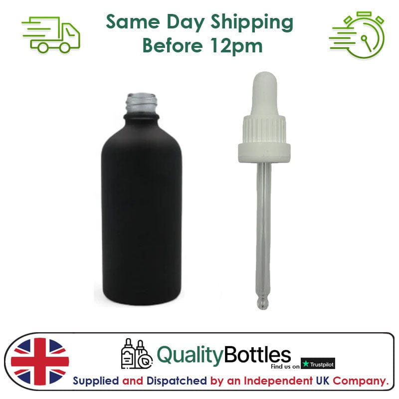 100ml Matte Black Glass Dropper Bottle with 100ml White TE BEP - Pack of 12