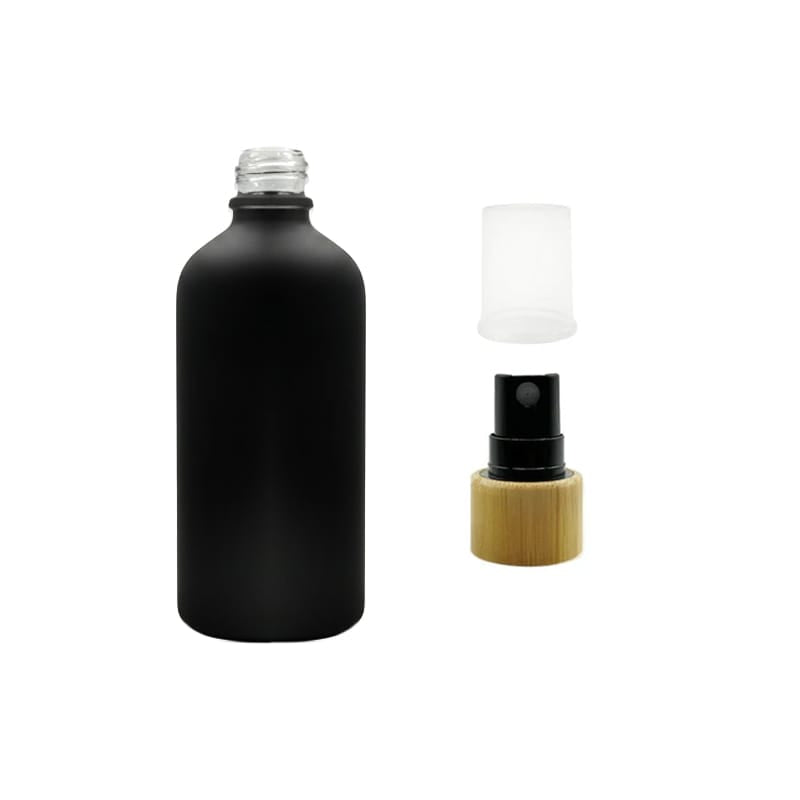 100ml Matte Black Glass Dropper Bottle with Black Atomiser with Bamboo Collar and Clear Over Cap