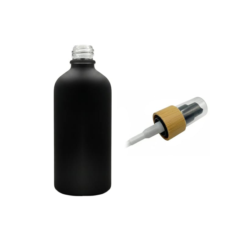 100ml Matte Black Glass Dropper Bottle with Black Lotion Pump with Bamboo Collar and Clear Over Cap