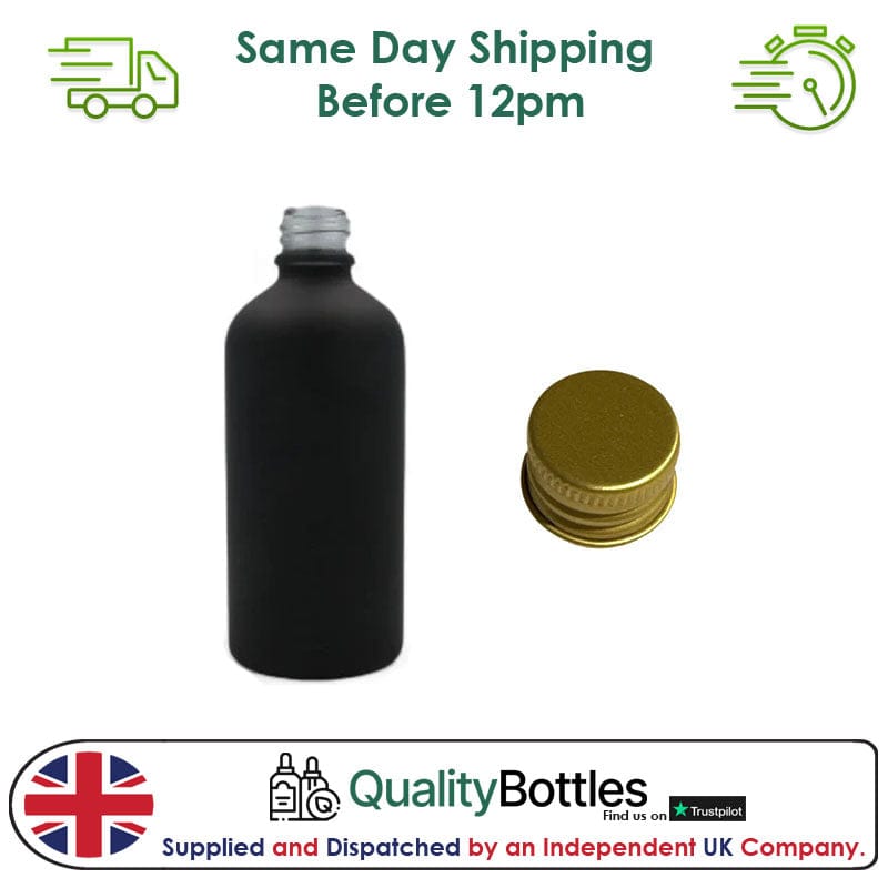 100ml Matte Black Glass Dropper Bottle with Gold DIN18 Cap - Pack of 12