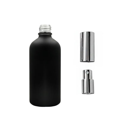 100ml Matte Black Glass Dropper Bottle with Silver Atomiser with Silver Over Cap