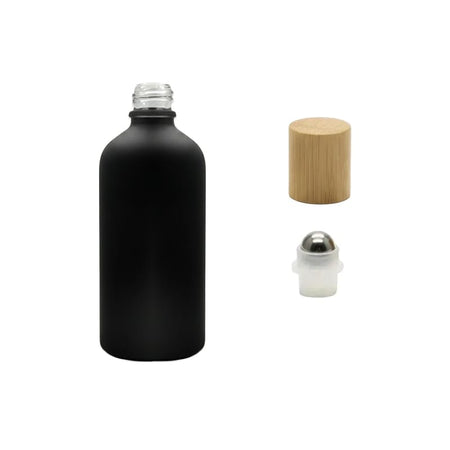100ml Matte Black Glass Dropper Bottle with Stainless Steel Roller Ball Insert with Bamboo Cap