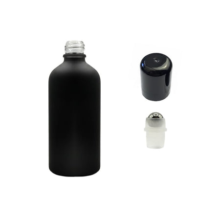 100ml Matte Black Glass Dropper Bottle with Stainless Steel Roller Ball with Plastic Black Cap
