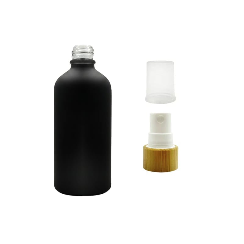 100ml Matte Black Glass Dropper Bottle with White Atomiser with Bamboo Collar and Clear Over Cap