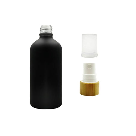 100ml Matte Black Glass Dropper Bottle with White Atomiser with Bamboo Collar and Clear Over Cap