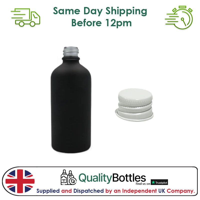 100ml Matte Black Glass Dropper Bottle with White DIN18 Cap - Pack of 12