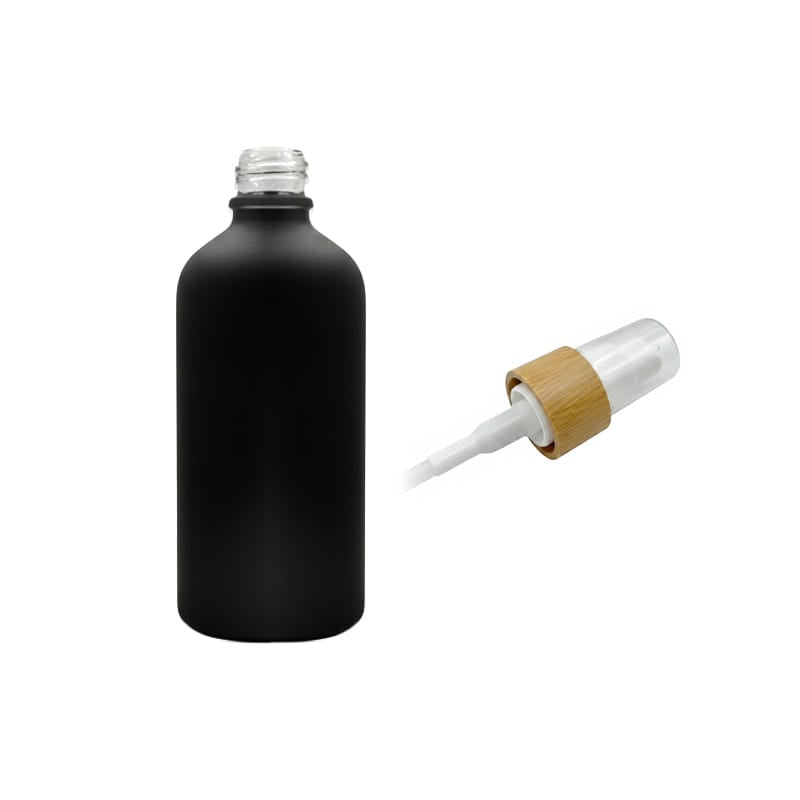100ml Matte Black Glass Dropper Bottle with White Lotion Pump with Bamboo Collar and Clear Over Cap