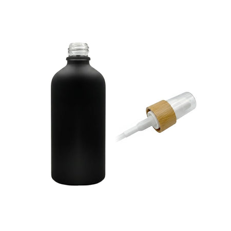 100ml Matte Black Glass Dropper Bottle with White Lotion Pump with Bamboo Collar and Clear Over Cap