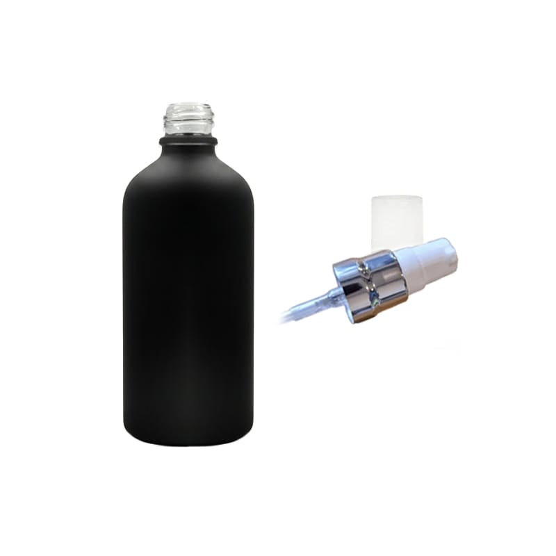 100ml Matte Black Glass Dropper Bottle with White Lotion Pump with Silver Collar and Clear Over Cap