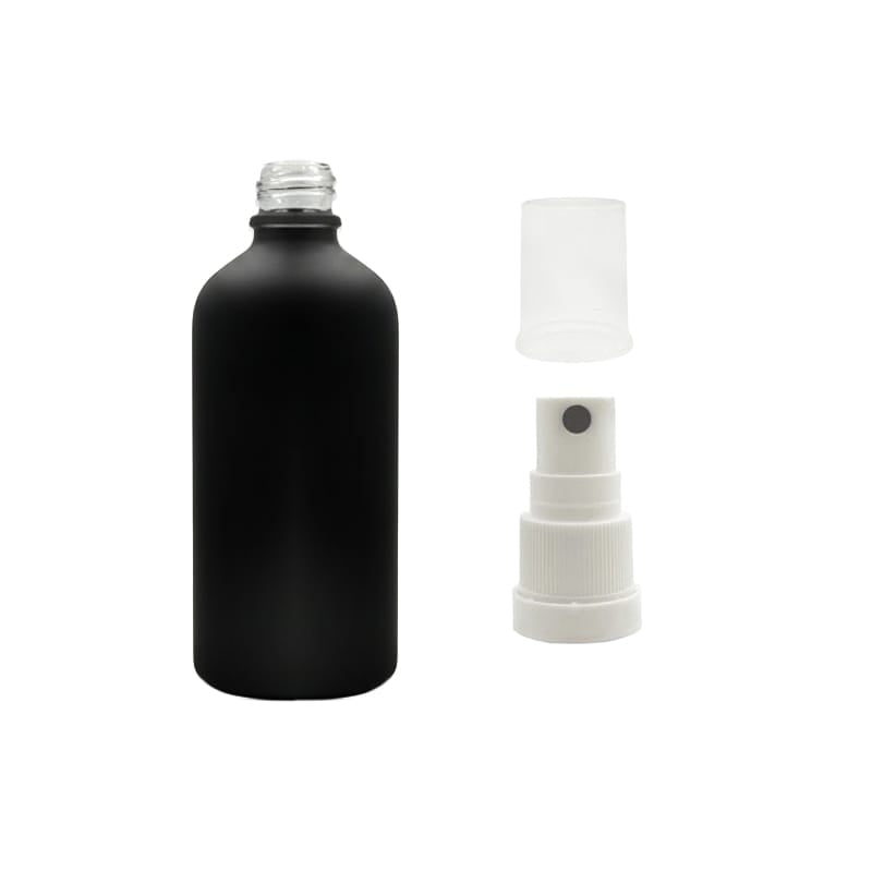 100ml Matte Black Glass Dropper Bottle with White Tamper Evident Atomiser and Clear Over Cap (Type III)