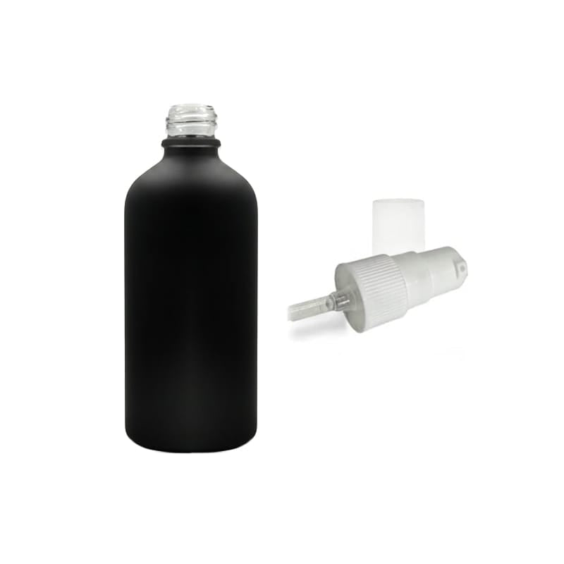 100ml Matte Black Glass Dropper Bottle with White Tamper Evident Lotion Pump and Clear Over Cap (Type III)