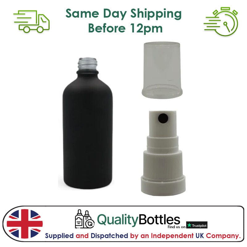 100ml Matte Black Glass Dropper Bottle with White TE Atomiser - Pack of 12