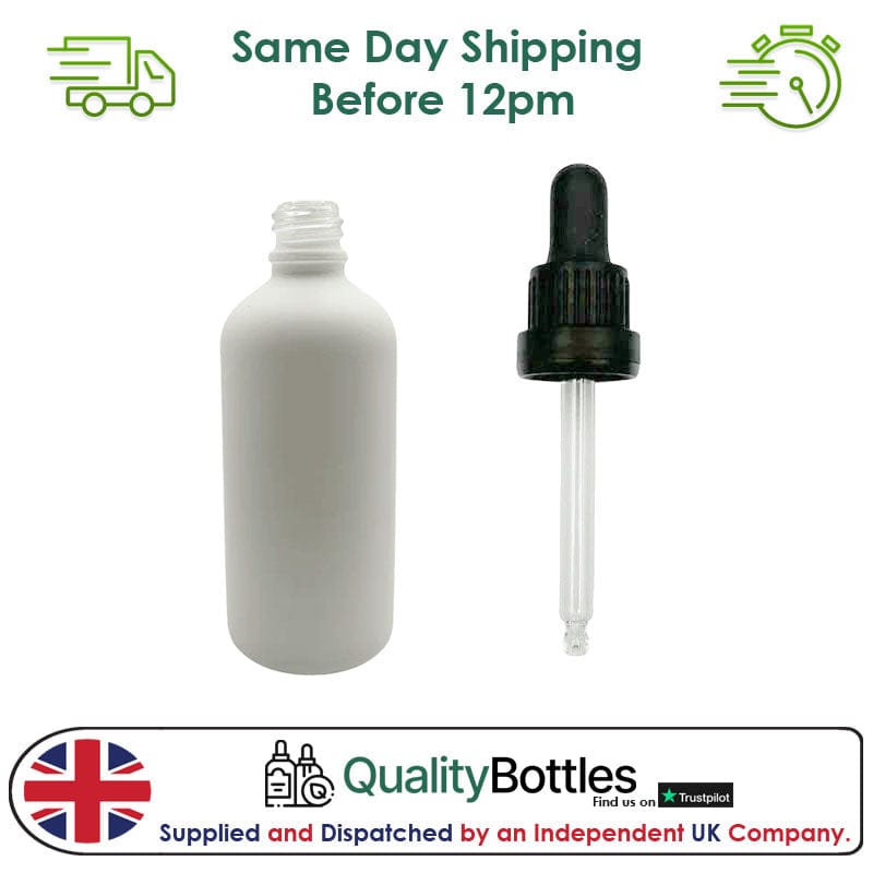 100ml Matte White Glass Dropper Bottle with 100ml Black TE BEP - Pack of 12